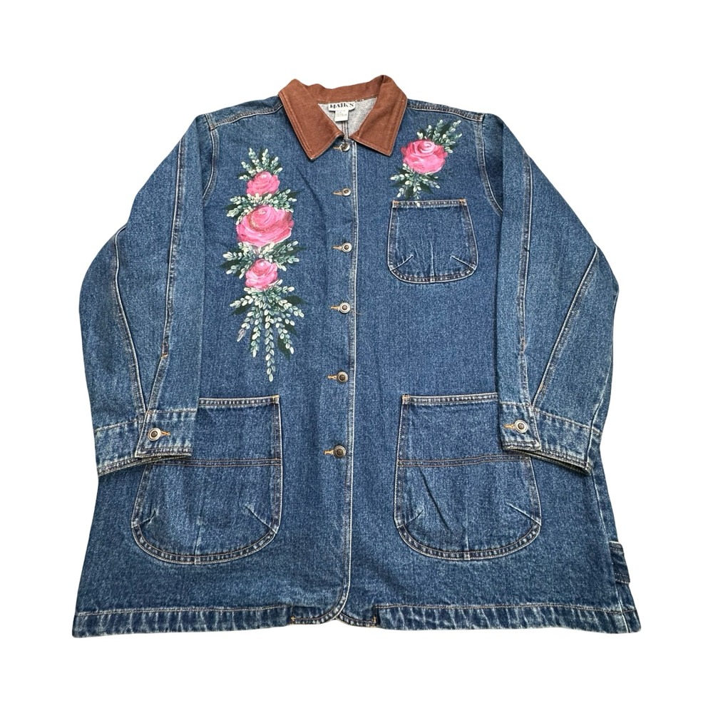 Haiks Denim Jacket Womens 1X Blue Rose Hand Painted Floral Chore Coat Corduroy